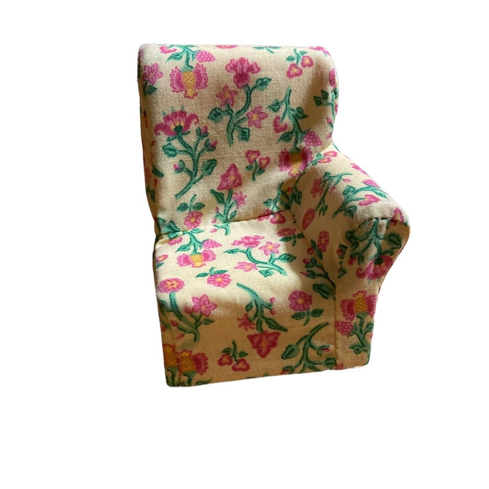 FISHER PRICE Loving Family Dollhouse FABRIC CLOTH SOFA‎ CHAIR Floral Yellow Pink